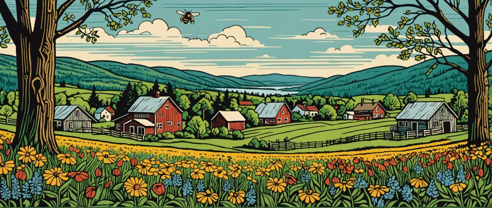 A traditional woodcut or linocut style image capturing the e...