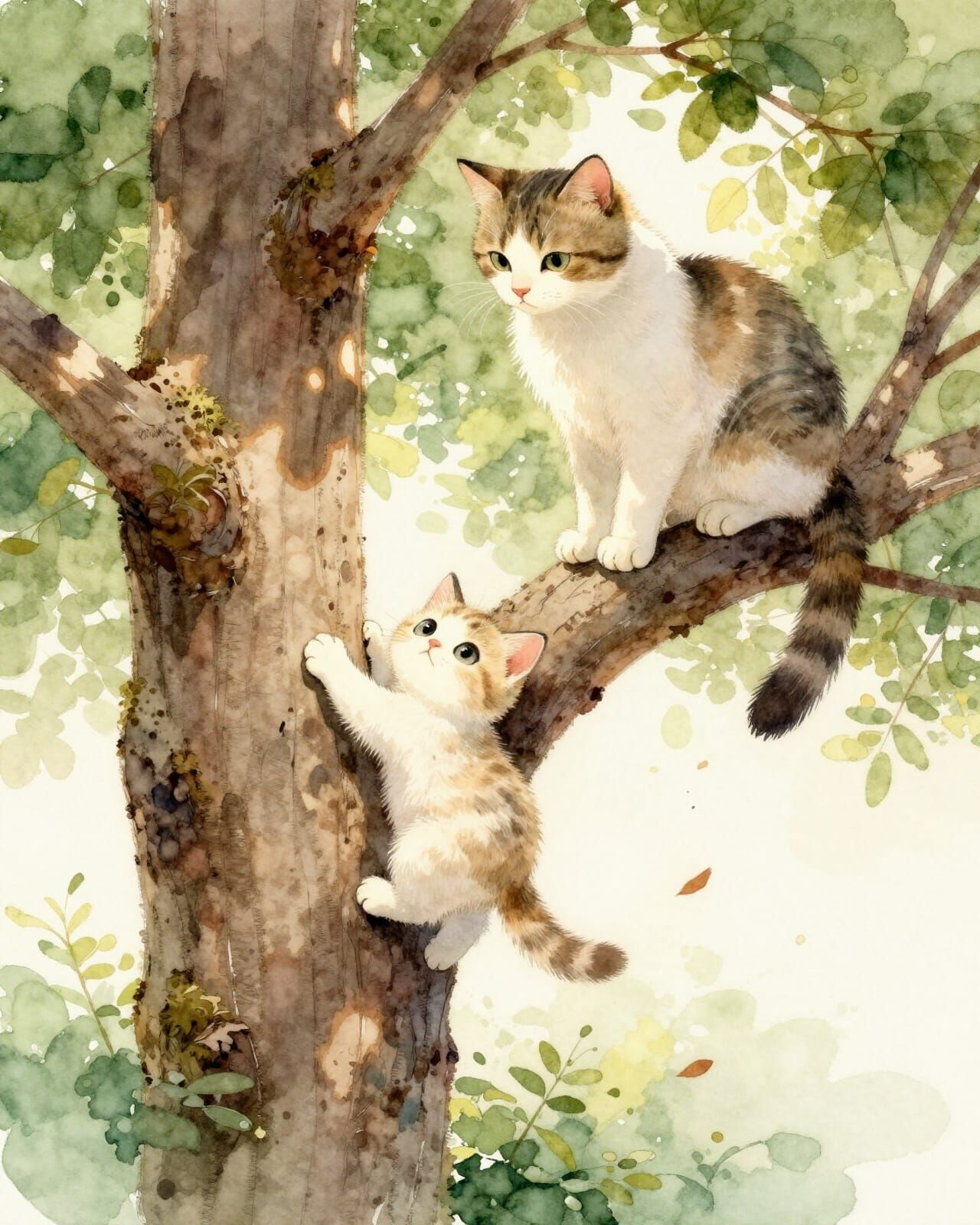 Kitten's First Climb Up Tree in Watercolor