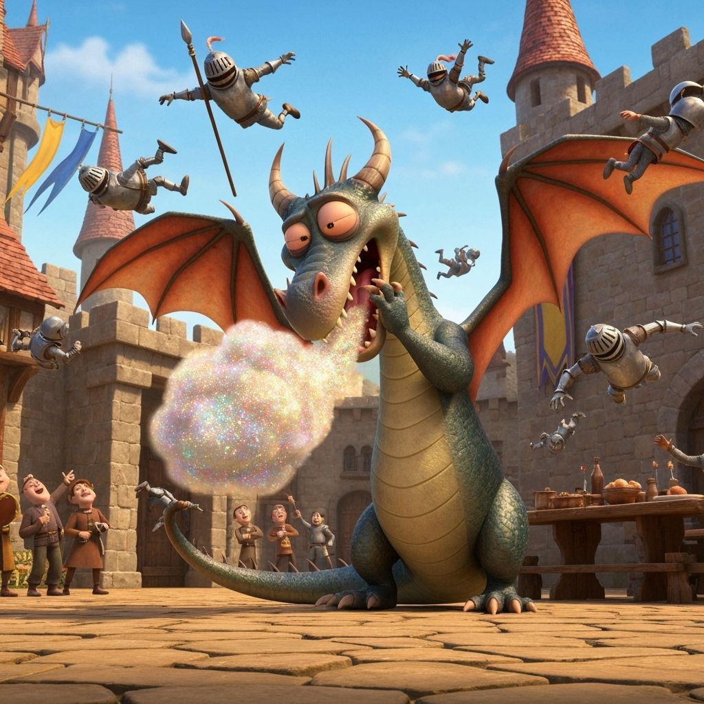 Pixar-Style Dragon's Sneeze Sends Knights Flying