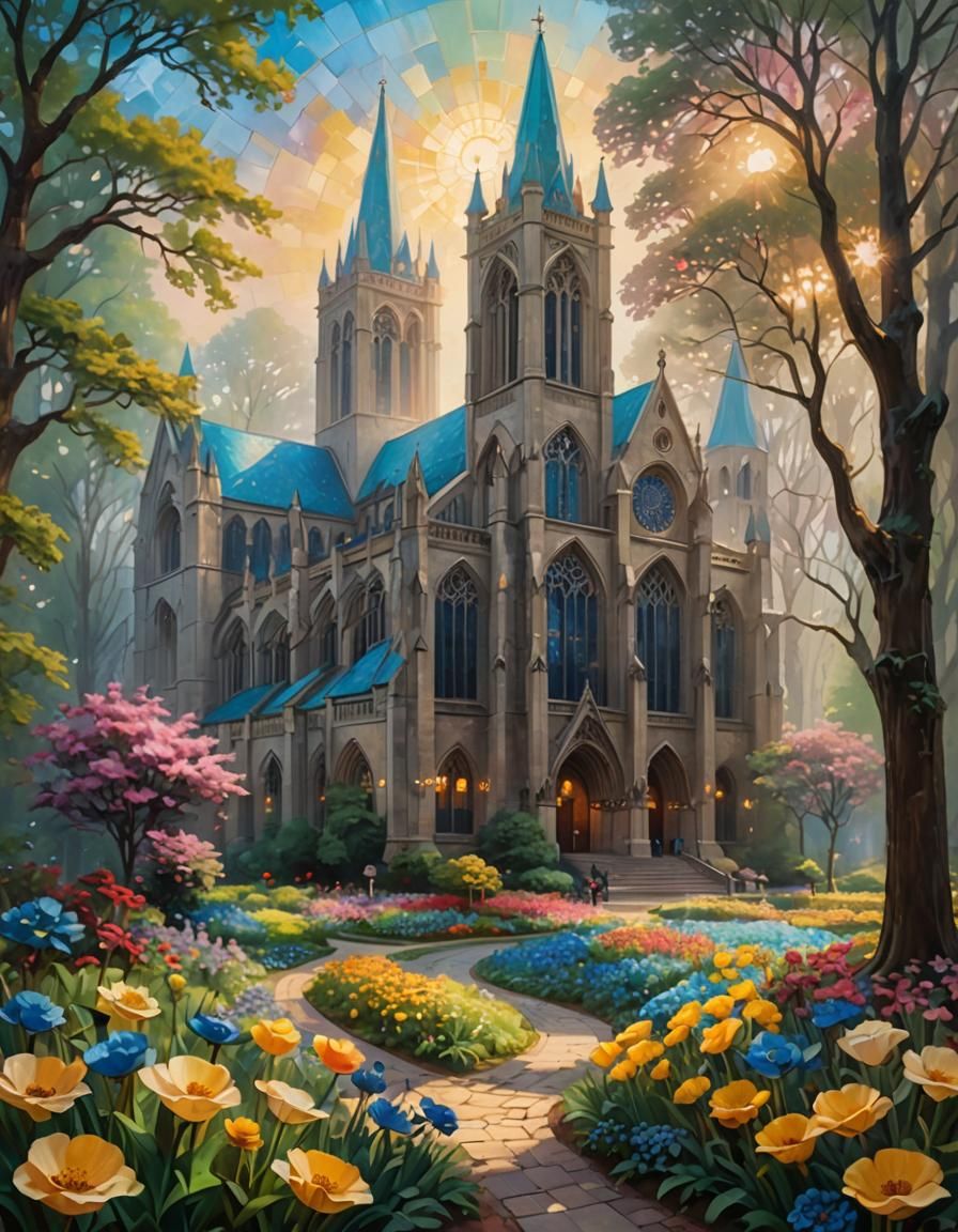 Cathedral with Blue Buttercup in Impressionist Style