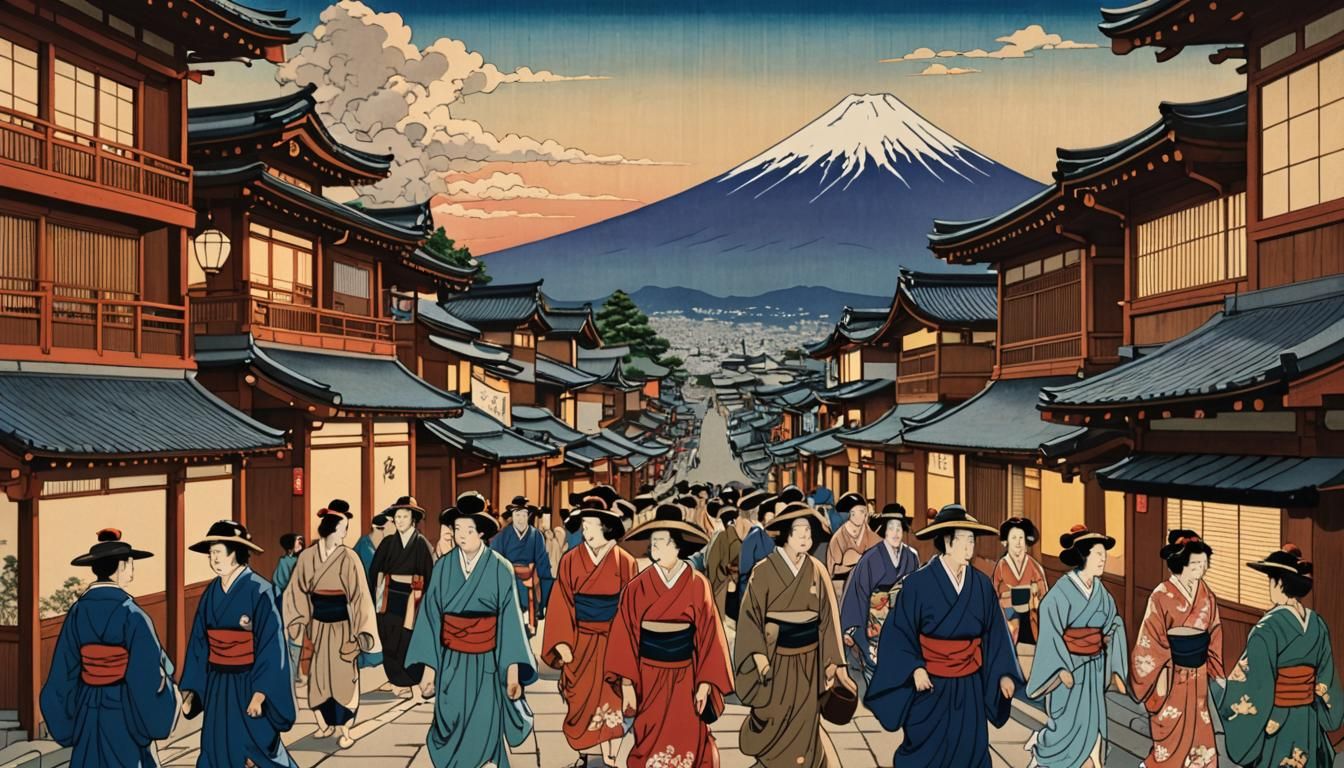 Mount Fuji over Bustling Street, Ukiyo-e Woodblock Print