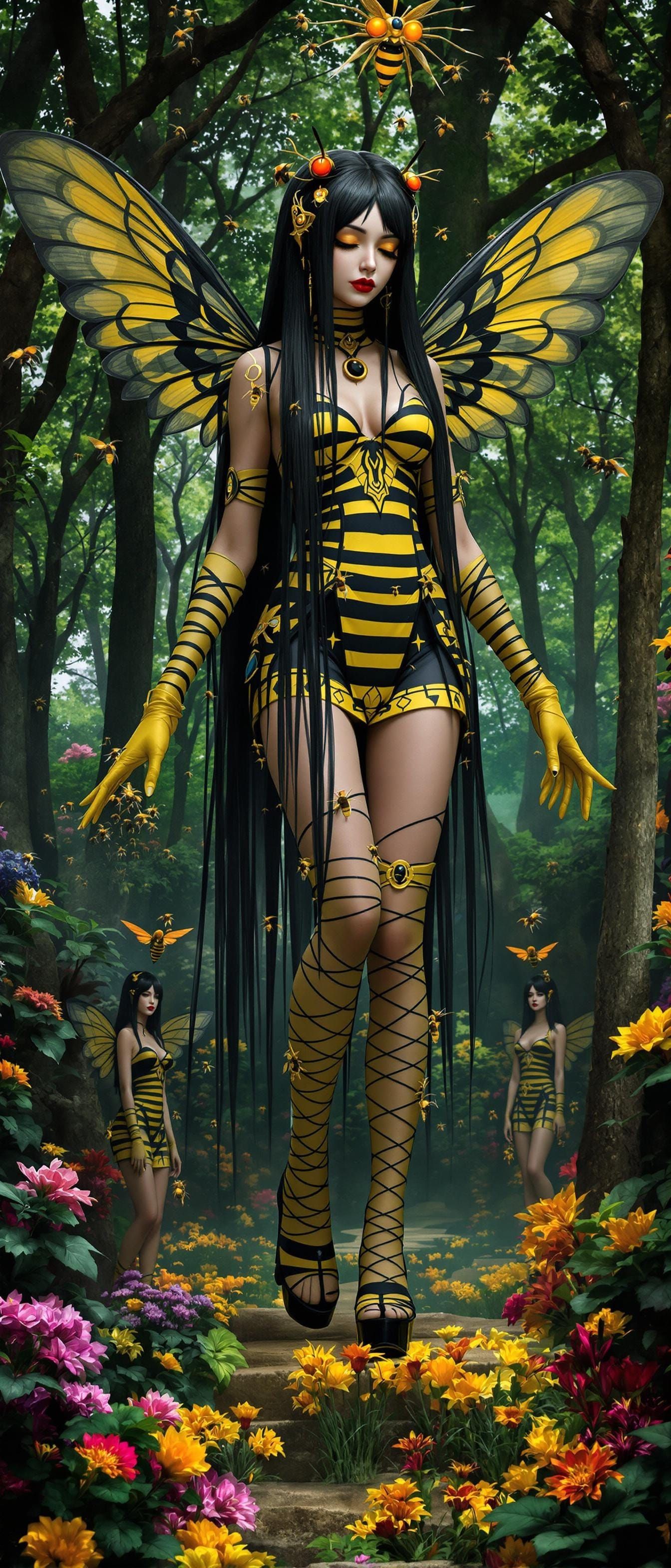 Slumbering Bumblebee Goddess in Lush Forest