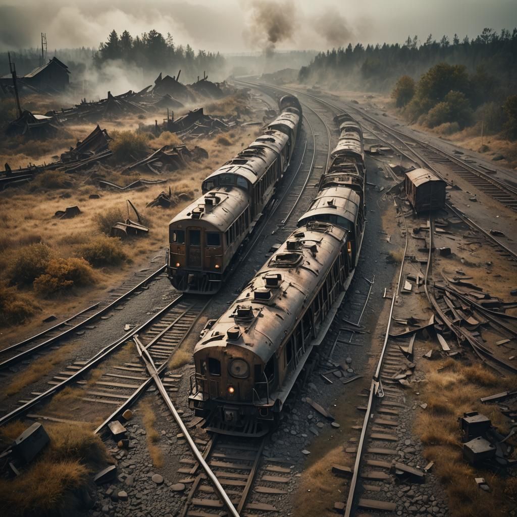 Derailed Train in Eerie Landscape: Cinematic Film Still