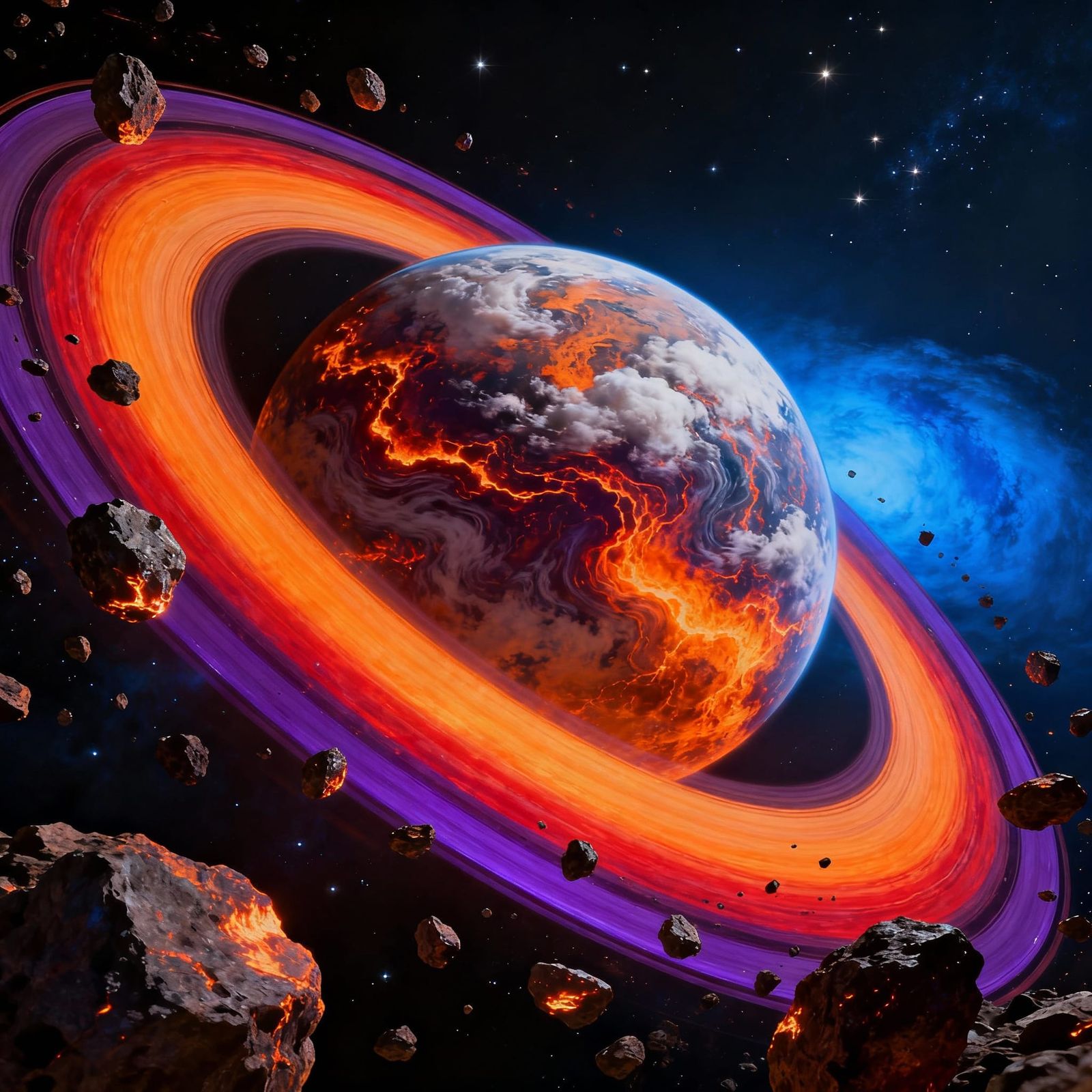 Vivid Planet With Fiery Rings In Cosmic Concept Art