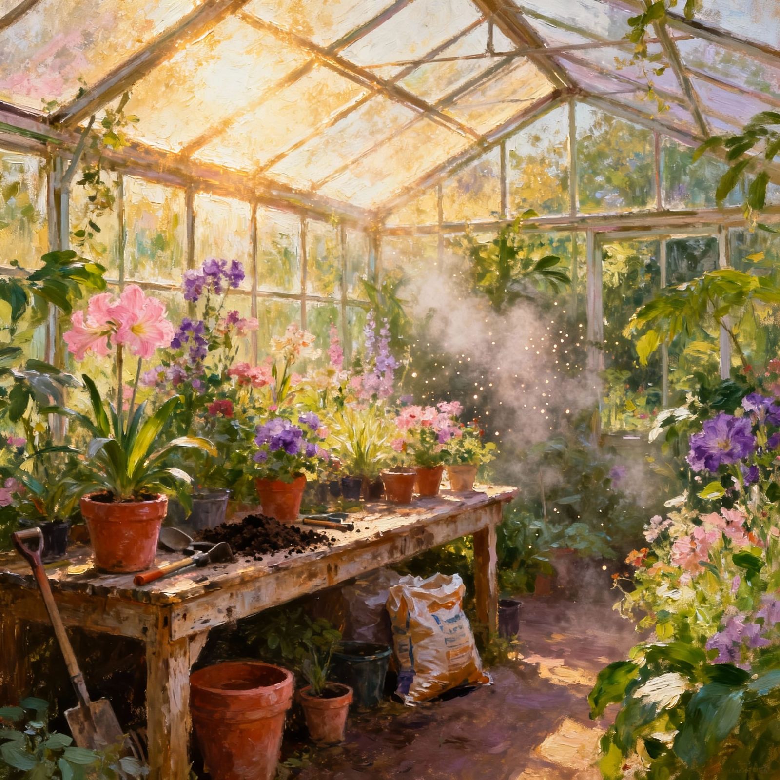Sun-Drenched Greenhouse Oasis in Impressionistic Style
