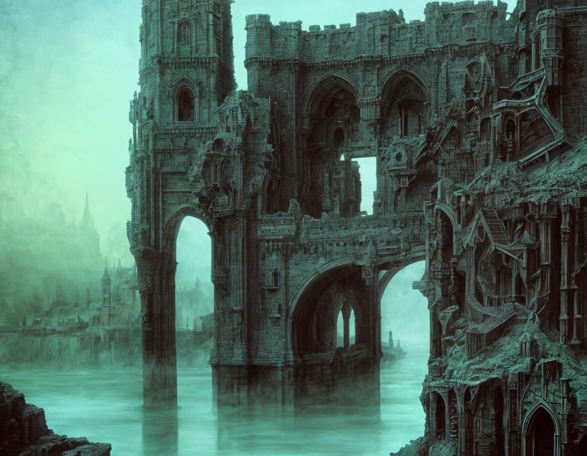 Surreal Castle with Three Moats and Drawbridges