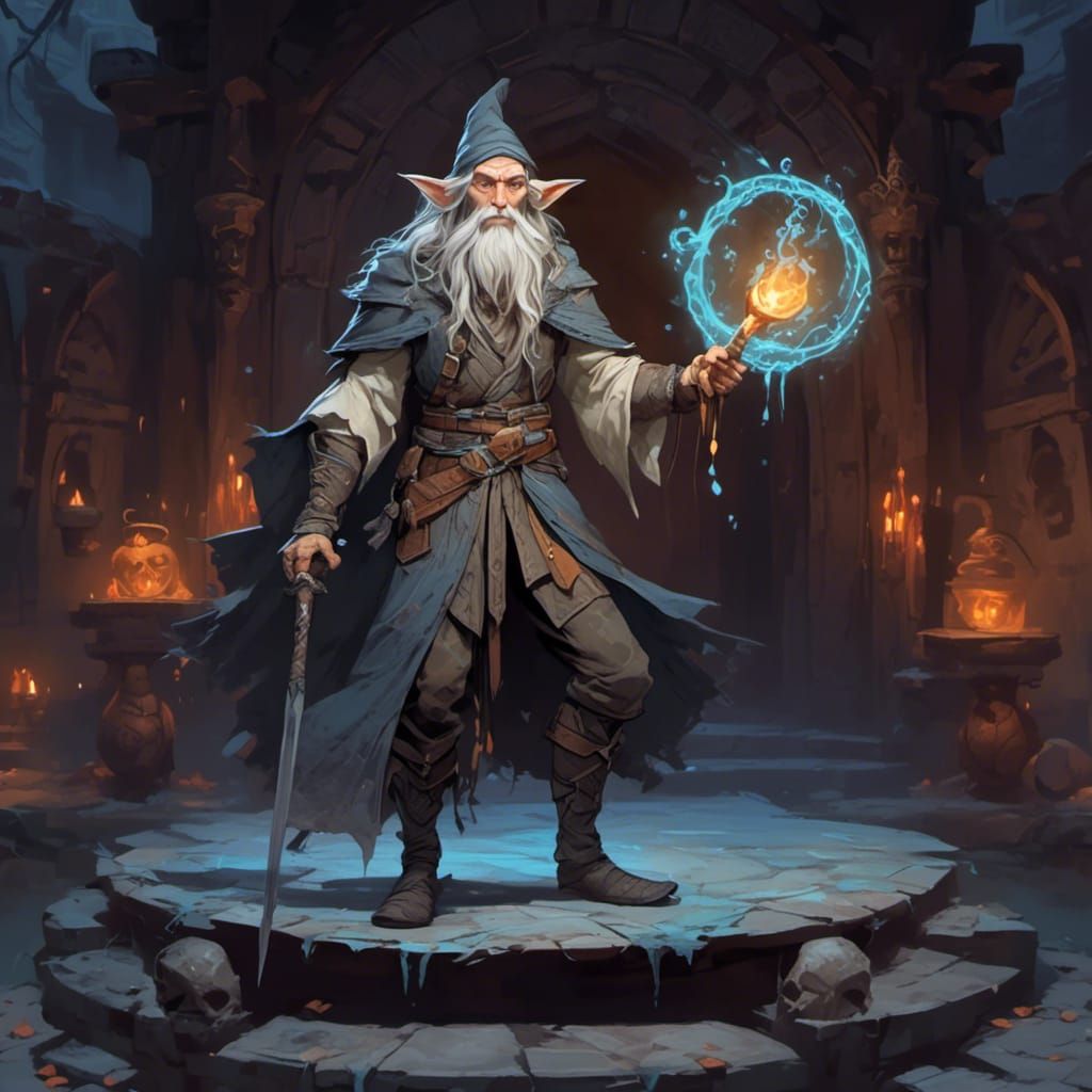 Gray Elf Wizard in Ancient Temple, Gaming Art