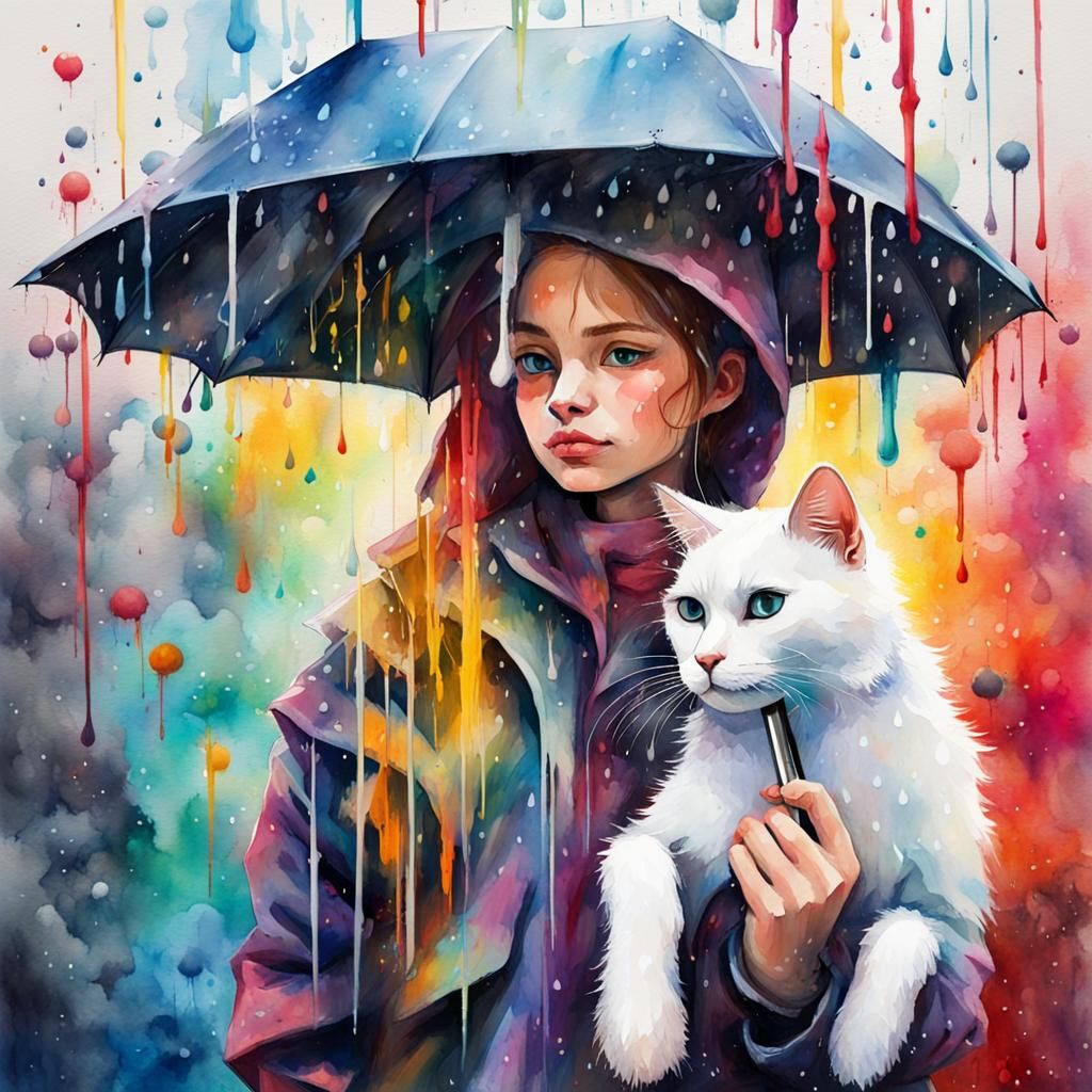 Colorful Watercolor: Girl and Cat in a Rain of Colors