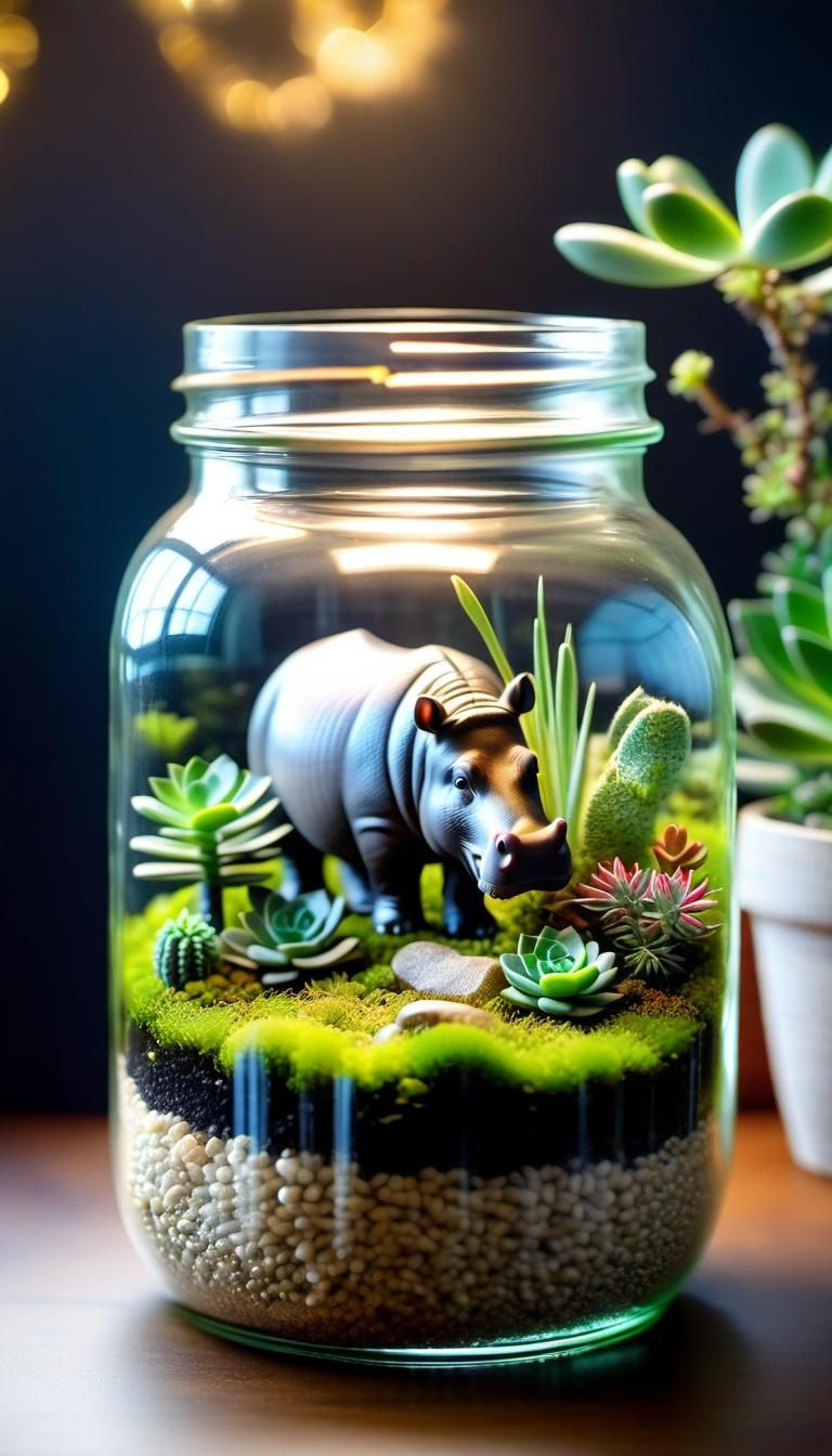 Hippo in Jar Terrarium: Dreamy Miniature Scene
