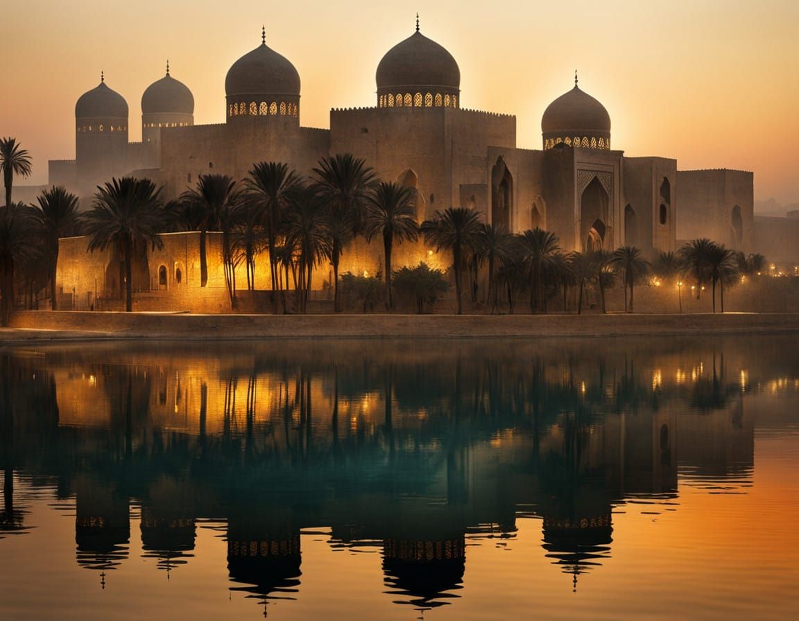 Arabian Ruins Reflected in Sunset Lake