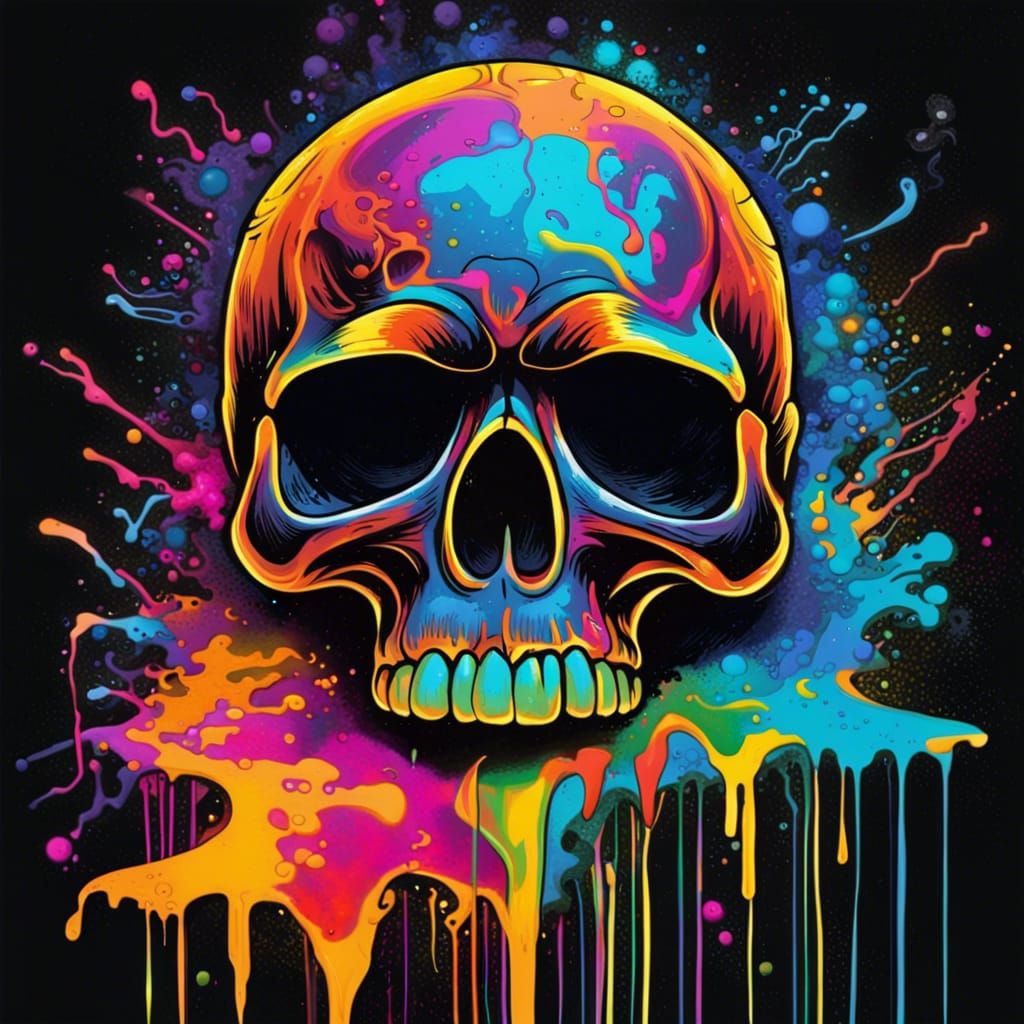 1970s Black Light Skull Poster in Graffiti Style