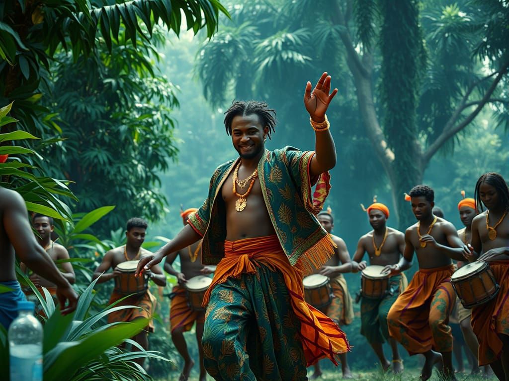 Jungle Dancer Surrounded by Drummers, Semi-Photorealistic St...