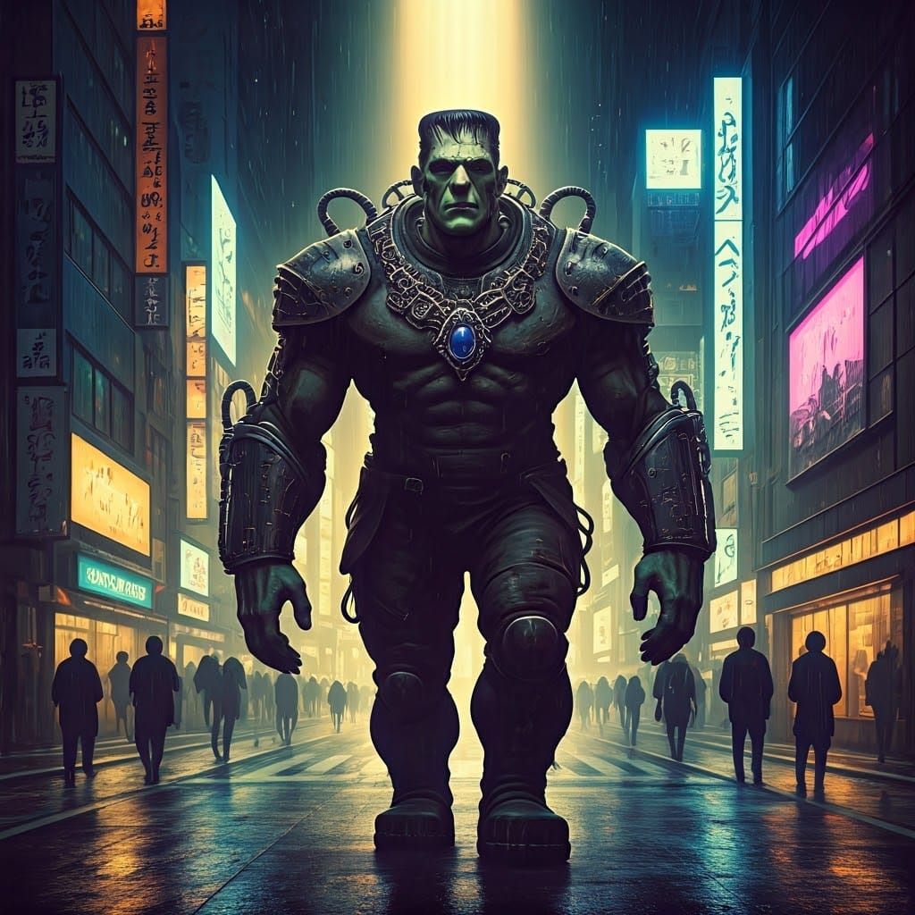 Frankenstein's Monster Walks Tokyo Streets in Neon-Lit Darkn...