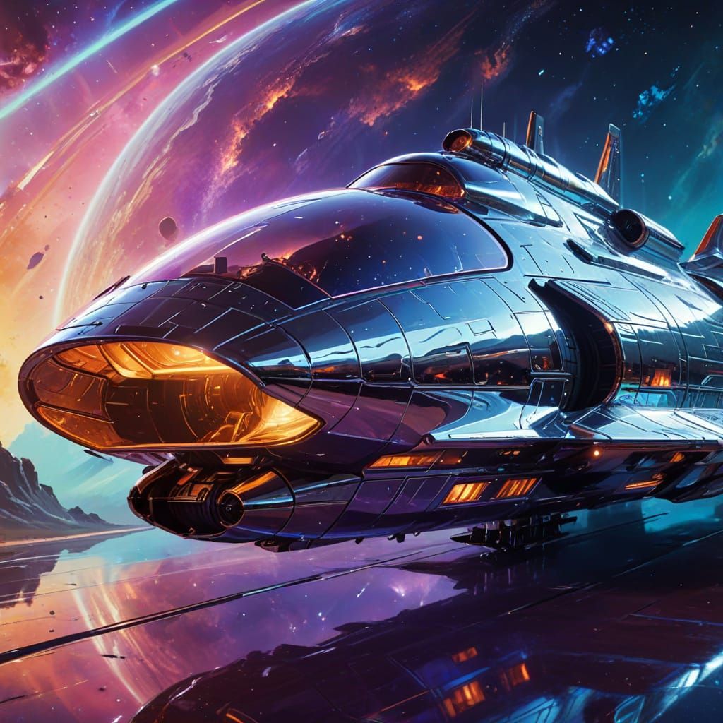 Glowing Chrome Spaceship Reflects Vibrant Nebula