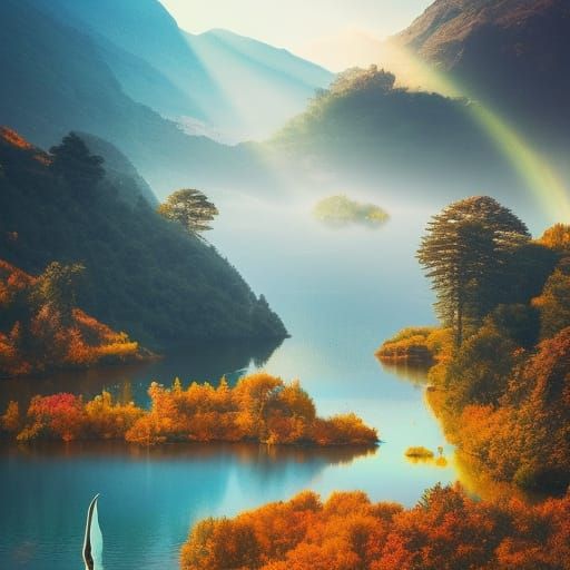 Serene Lake Sunrise: Bright, Colorful, Cinematic Painting