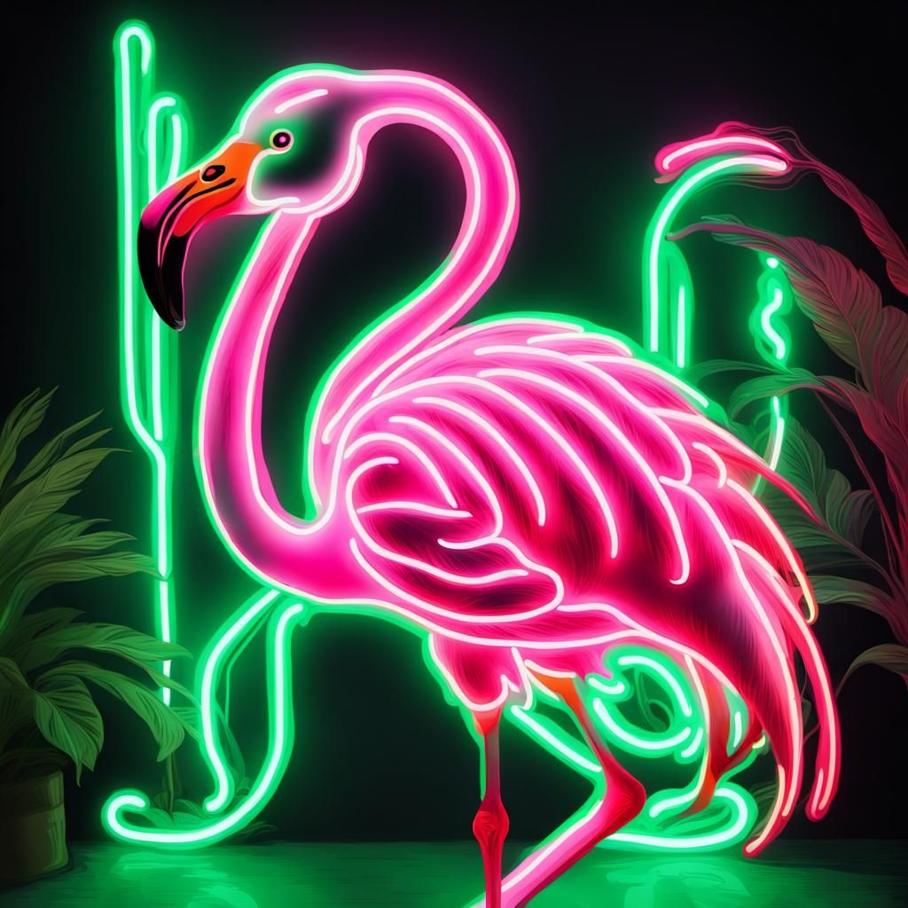 Neon Flamingo in Pink and Green Lights