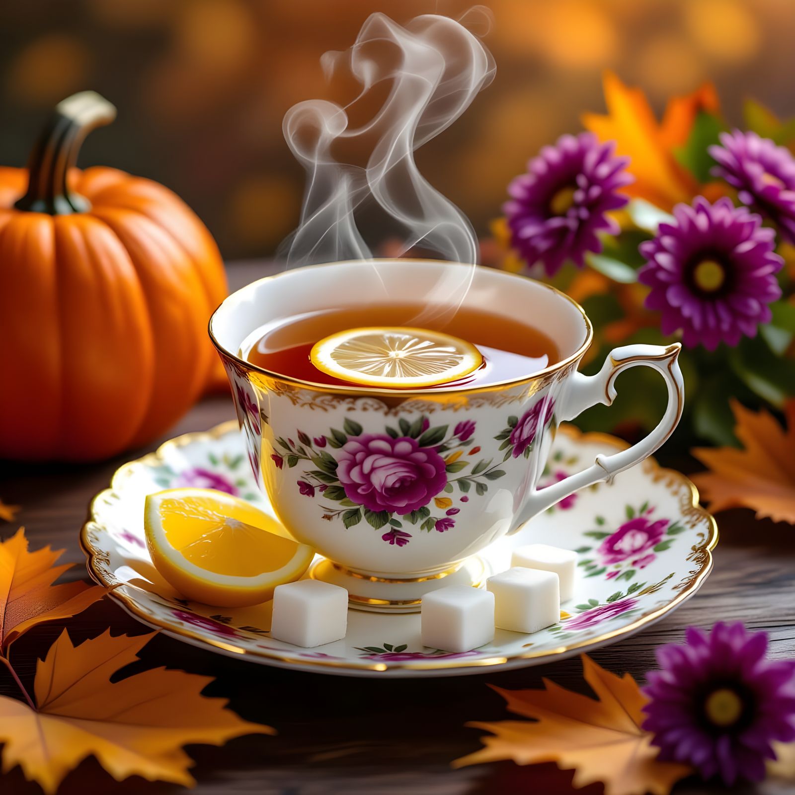 Vintage Tea Cup with Autumnal Decorations