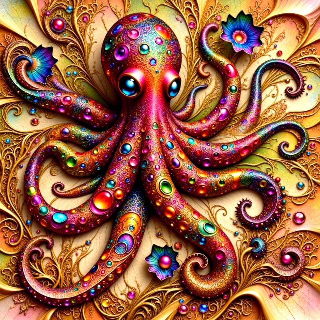Adorable Floral Octopus in Opalescent Rainbow Hues