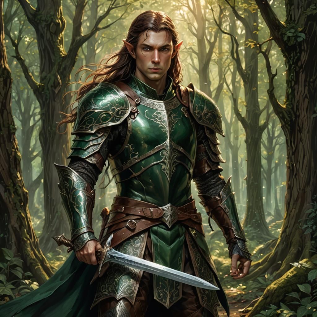 A male elven Nature Knight in dark green and brown armor. Long brown hair with green eyes. He protects the Nature Wizard...