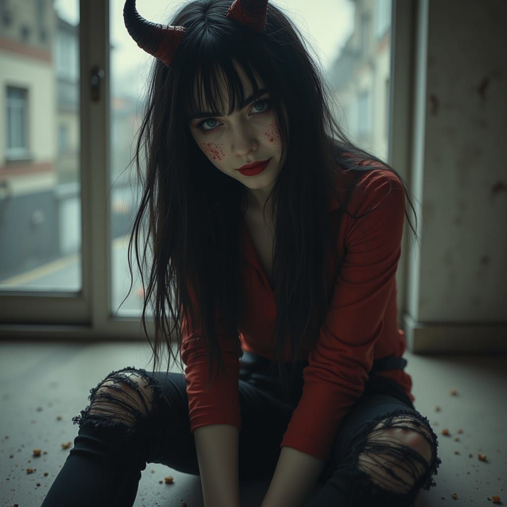 Goth Woman With Bat Clips and Horns in Combat Boots