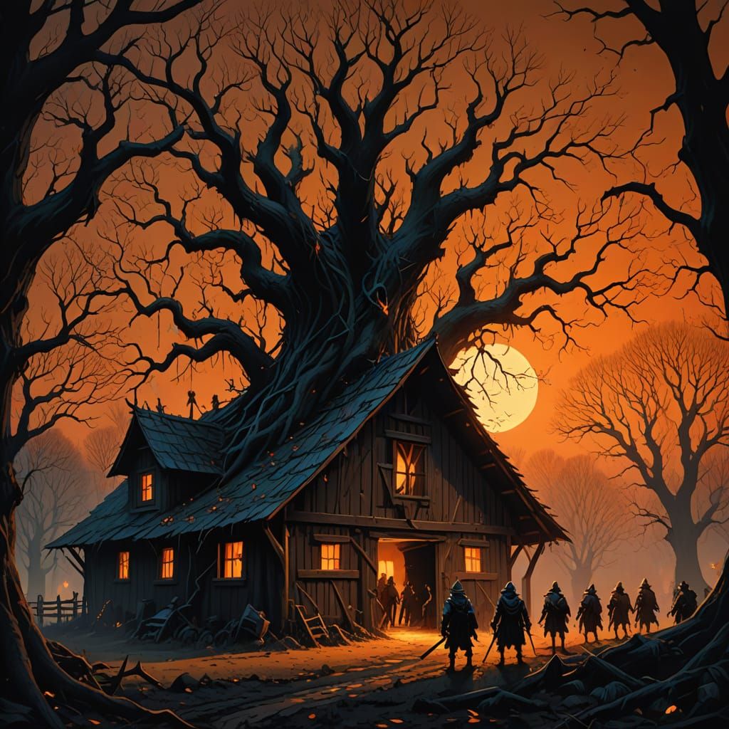 Duendes Gather in the Shadows of a Golden Barn