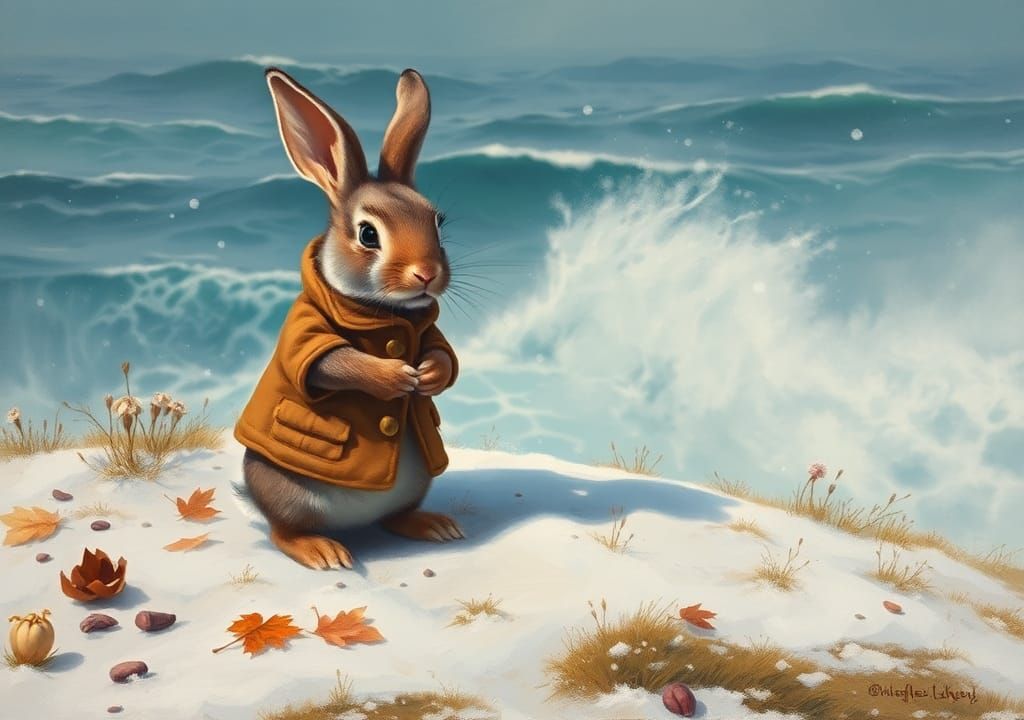 Rabbit Against Winter Wind: Impressionistic Oil Painting