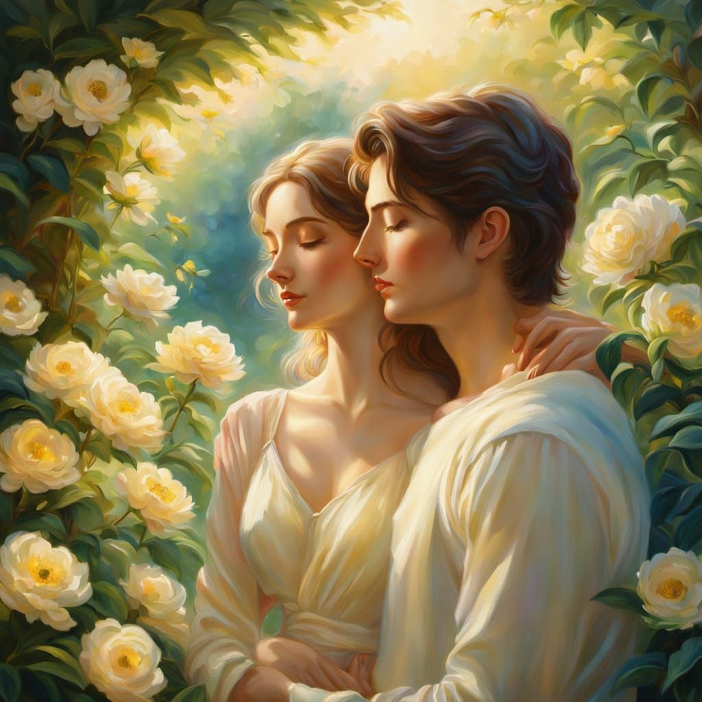 Idyllic Couple Embracing in a Lush Garden in a Romantic Oil ...