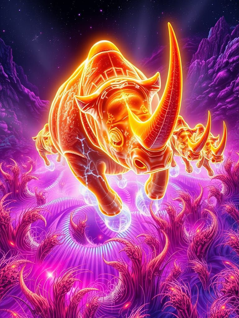 Neon Elasmotherium Stampede in Futuristic Garden