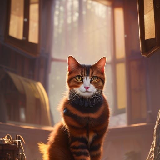 Calico Cat in Treehouse, Hyperdetailed Digital Art