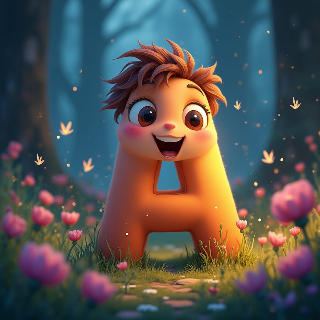 Friendly Cartoon Letter A in Whimsical Meadow