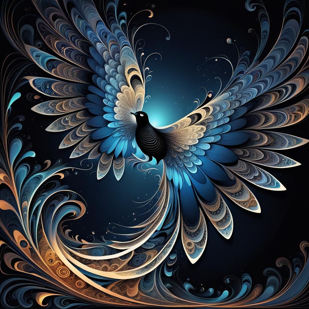 Surreal Blackbird Takes Flight in Abstract Fractal Landscape