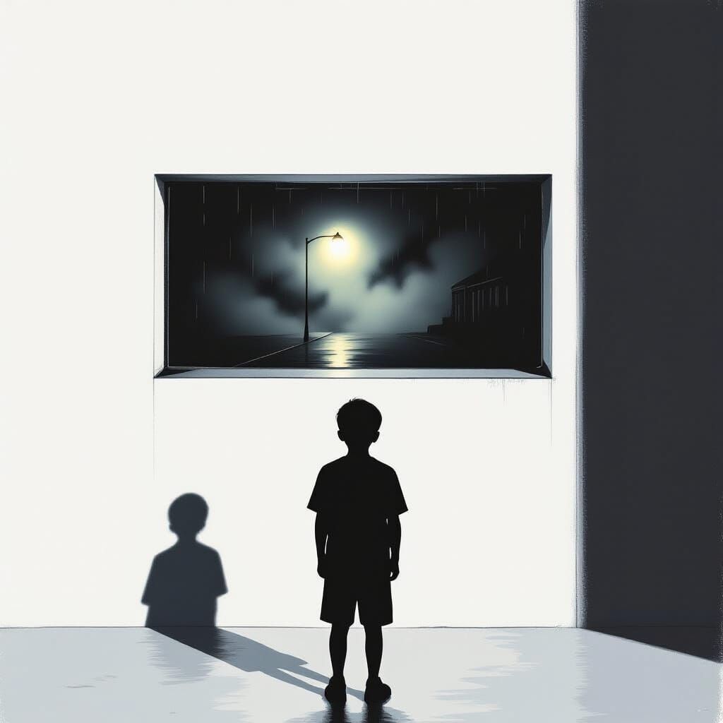 Dark Silhouette Boy Watches Gloomy Night Scene