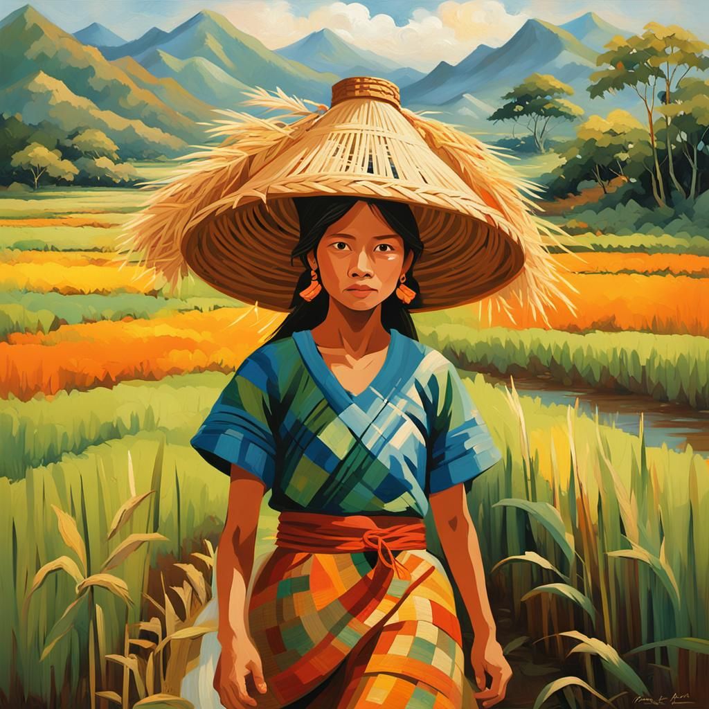 Filipina in Rice Field: Amorsolo-Inspired Folk Art