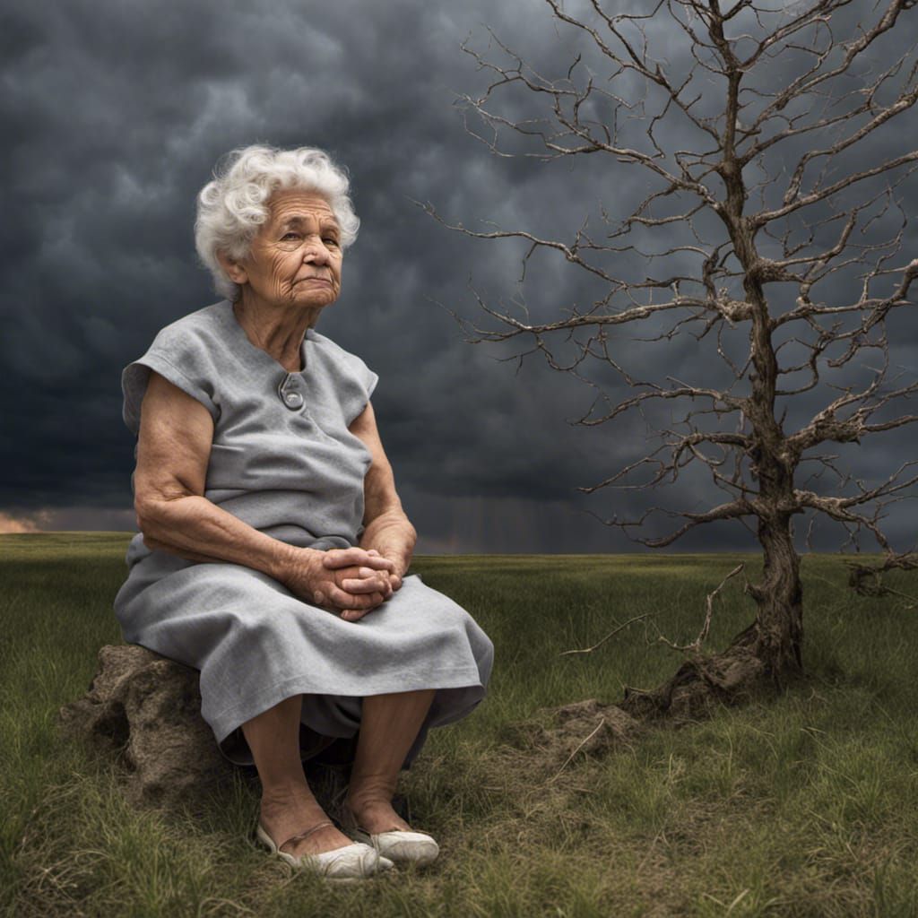 Elderly Woman Praying Before Approaching Storm