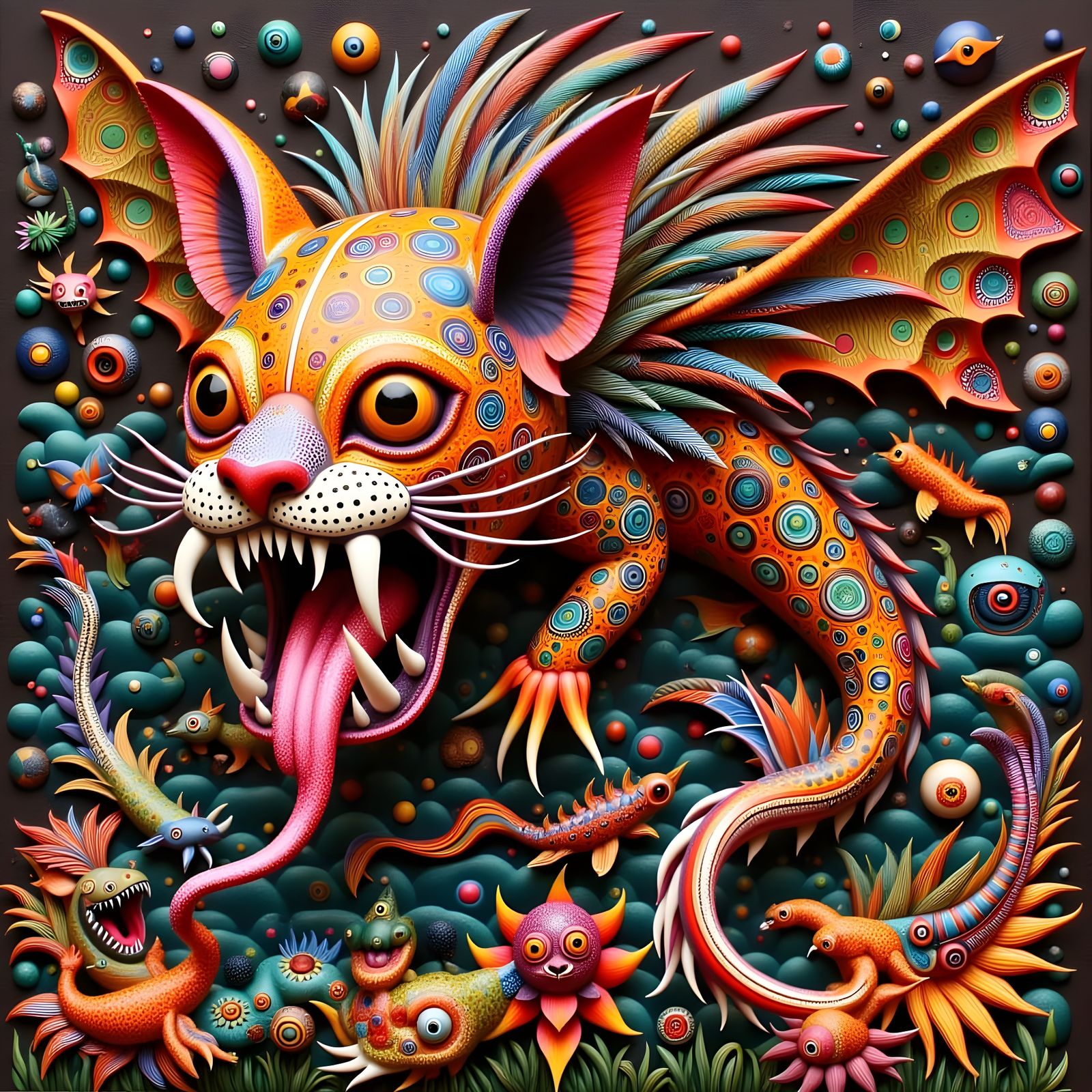 Lion-Koi-Bat Hybrid Wood Sculpture in Alebrije Style