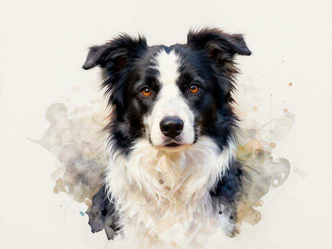 Realistic Border Collie Portrait with Ink and Watercolor Tex...