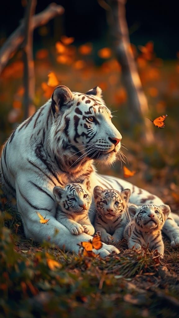 White Tiger Watching Cubs Play, Cinematic Film Still