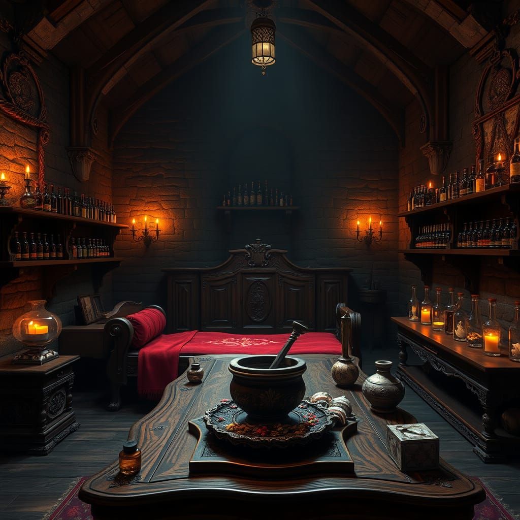 Medieval Hospital Chamber in Rich, Mystical Hues