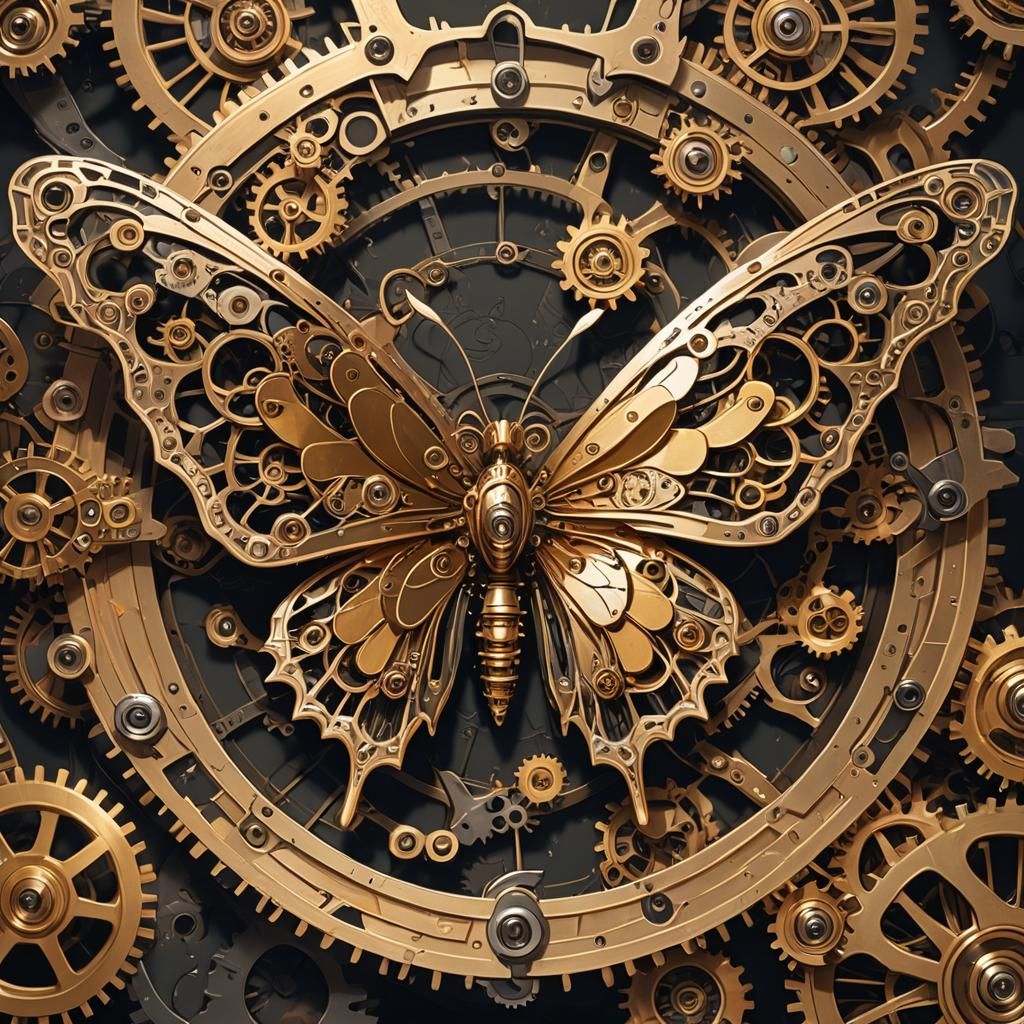 Mechanical Butterfly with Golden Engravings, Anime Art