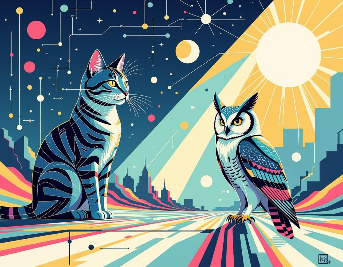 Futuristic Cat-Cyborg and Owl in Glitchcore Vector Art