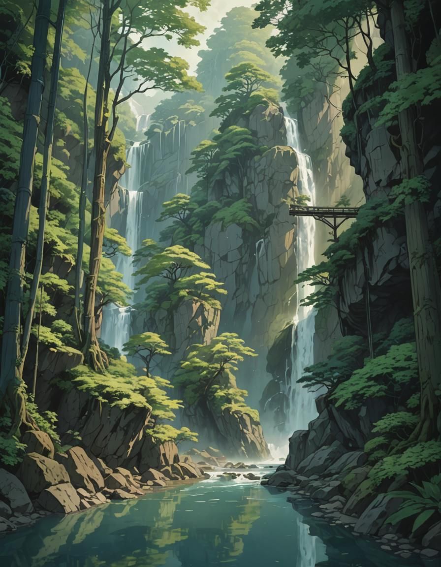 Japanese Waterfalls in Art Nouveau Anime Style