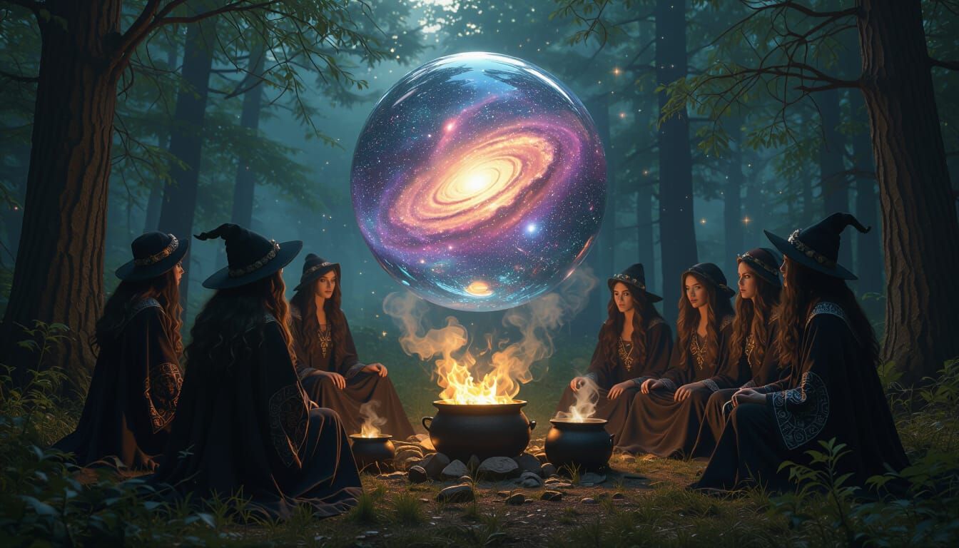 Witches Gaze into Cosmic Crystal Ball in Surreal Forest
