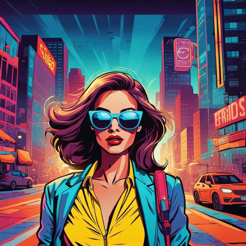 Woman in City Street: Vibrant Pop Art Illustration