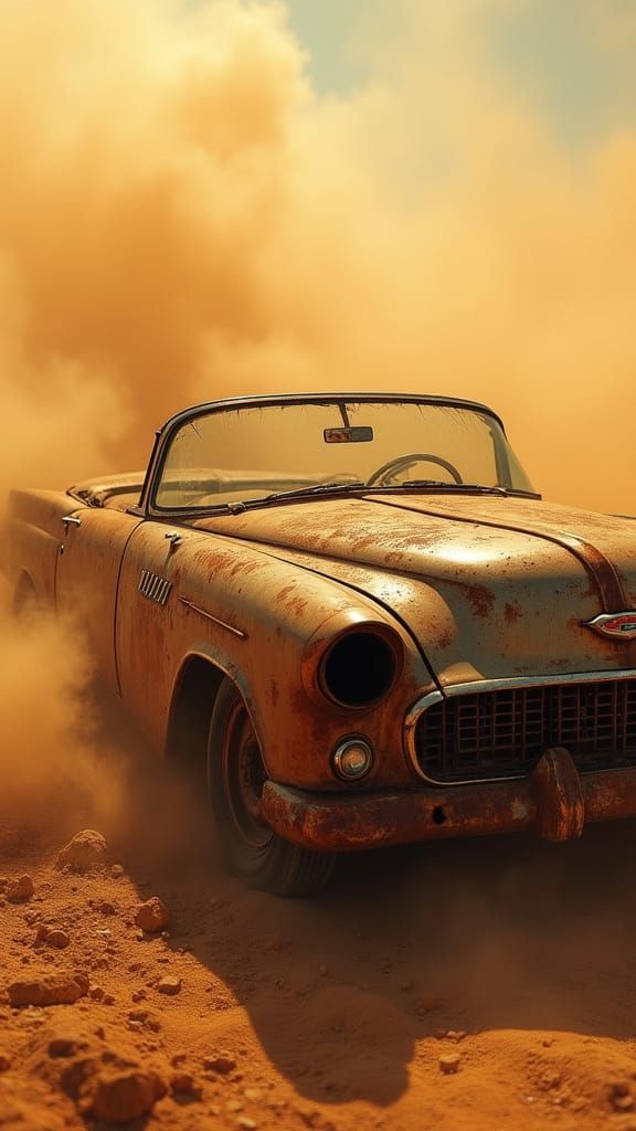 Hyper-Realistic Rusted Classic Car in Golden Dust Storm