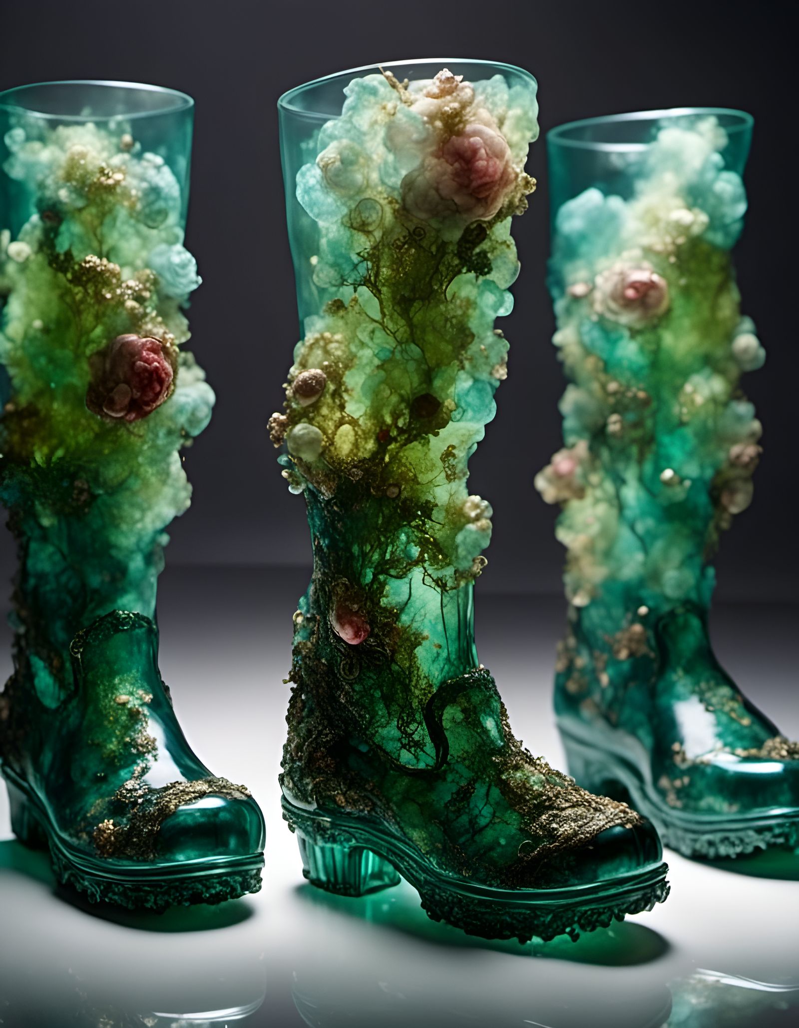 Astronaut Army Fills Glass Rainboot, Hyperrealistic Render