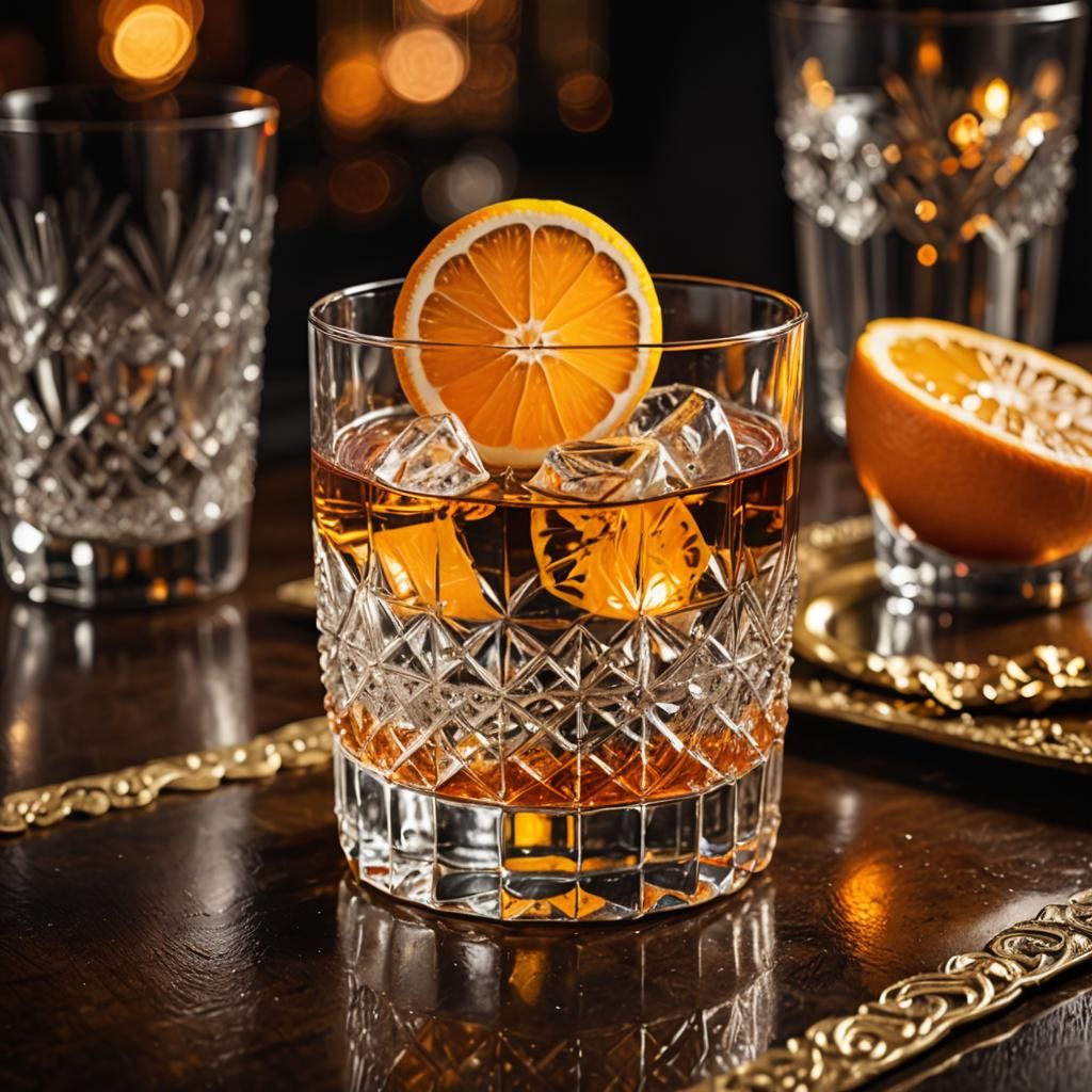 Elegant Old Fashioned Cocktail on Golden Plate
