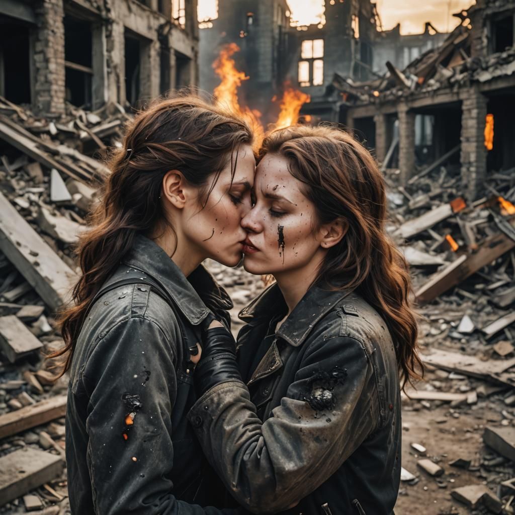 Passionate Kiss in Dystopian Post-Apocalyptic Landscape