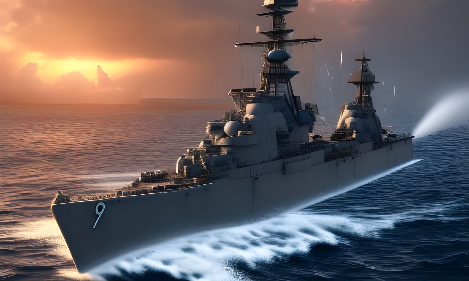 Battleship on Raging Ocean at Sunset