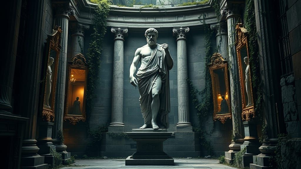 Marble Greek Hero Statue in Ancient Temple with Mirror Refle...