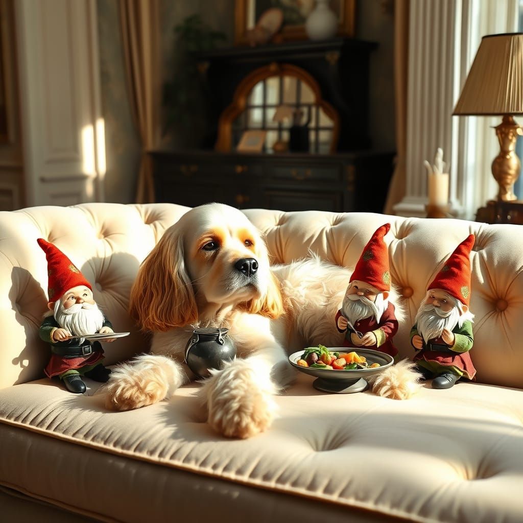 Cocker Spaniel Gourmet Meal with Gnomes